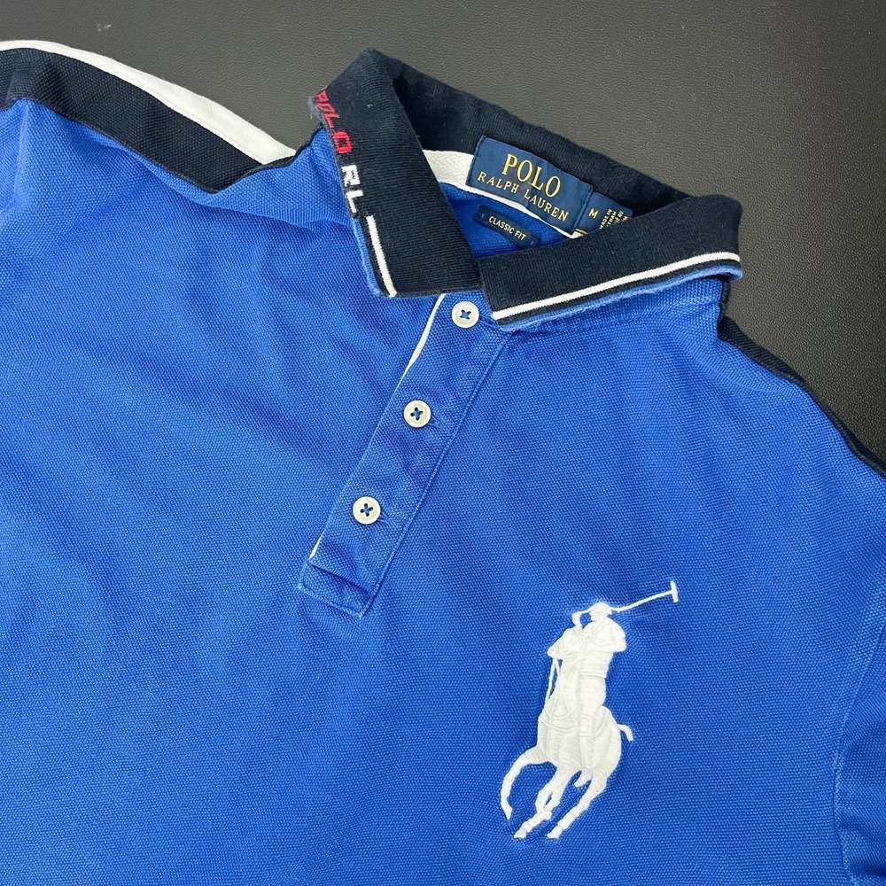 Polo Ralph Lauren Big Pony Polo Shirt Mens Medium Blue Classic Fit Mesh Stripe